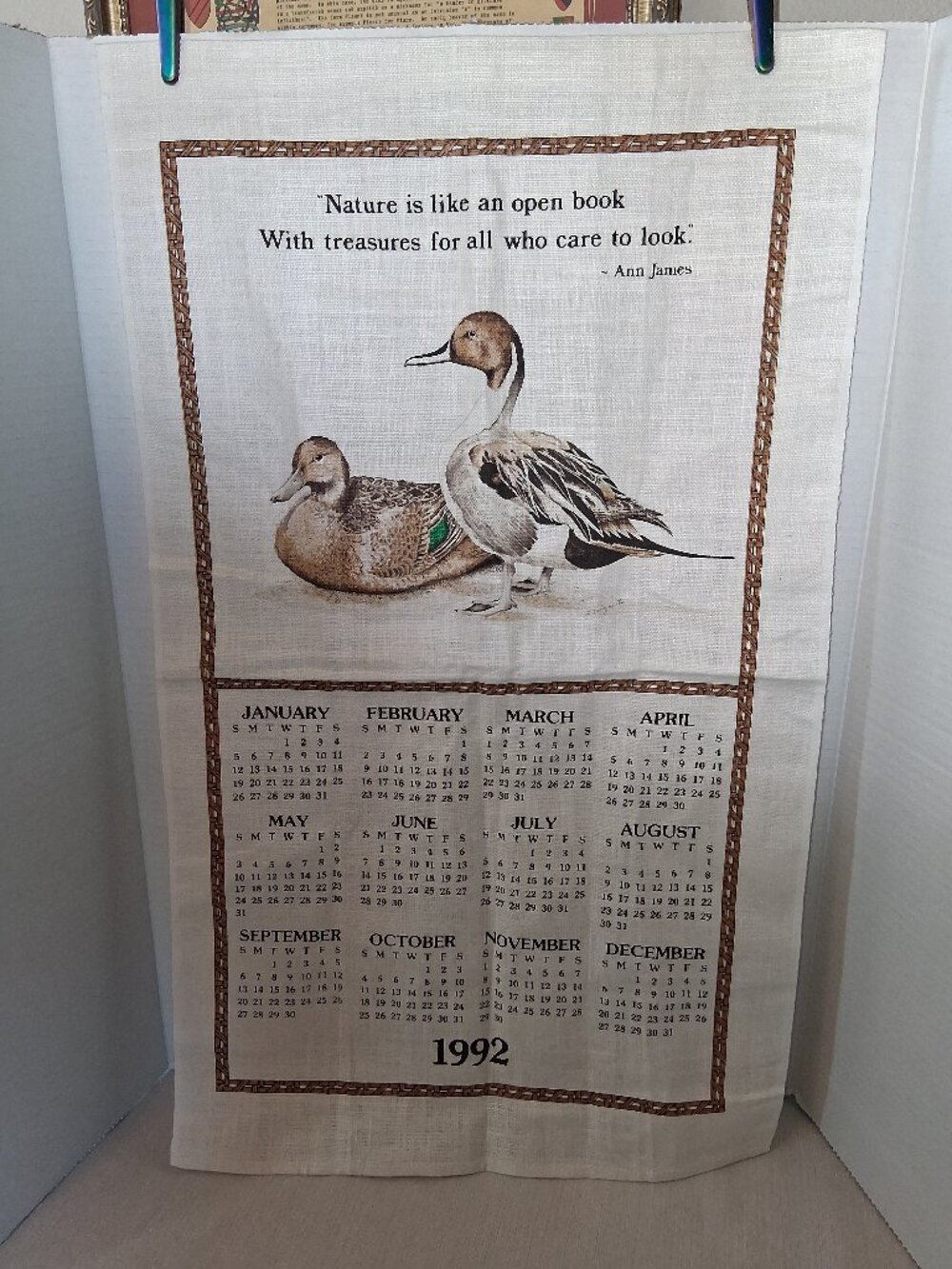 Vintage Calendar Tea Dish Towel 1992 Cotton/Linen Mallard Duck Cabin Hunter